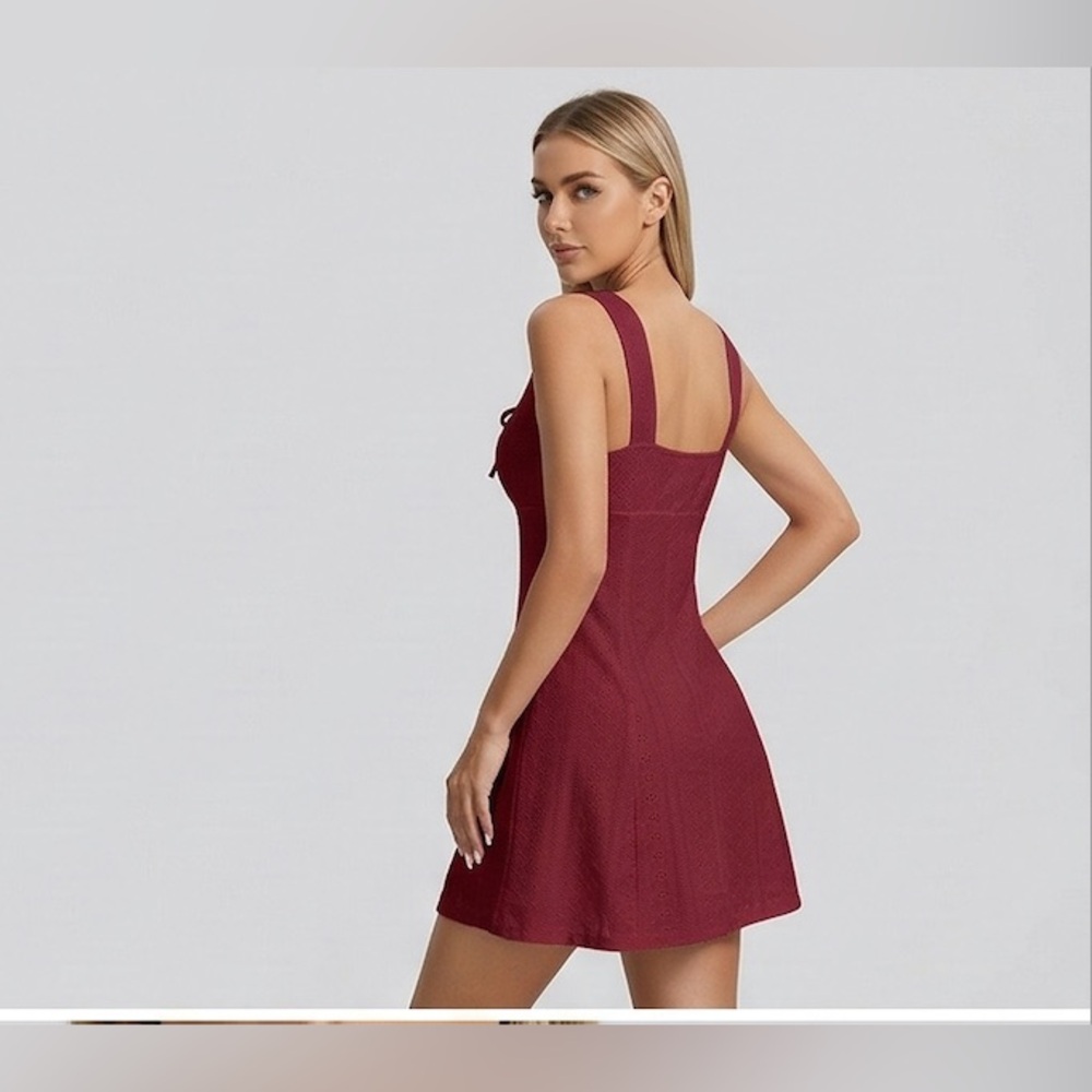 Square Neck  Eyelet  A-Line Sun Dress Burgundy - Picture 5 of 10
